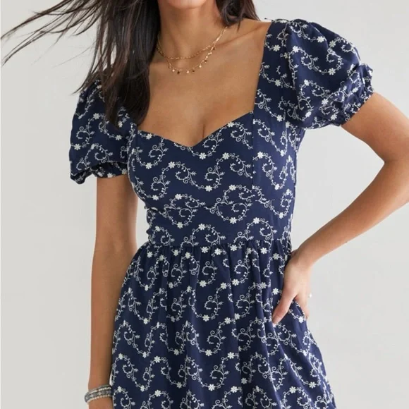 Francesca's Collection Gena Tie Back Embroidered Navy Puff Sleeve Mini Dress - Picture 2 of 16
